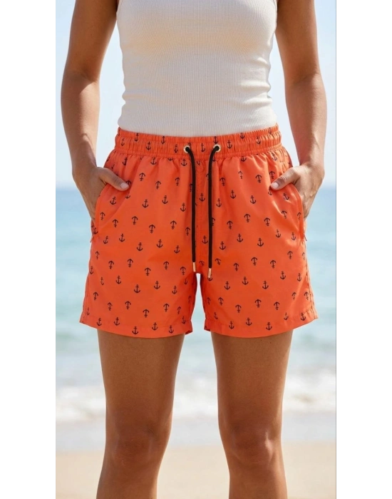 Kadın Deniz Şortu Fermuarlı Cepli File Astarlı Hızlı Kuruyan Premium - Turuncu