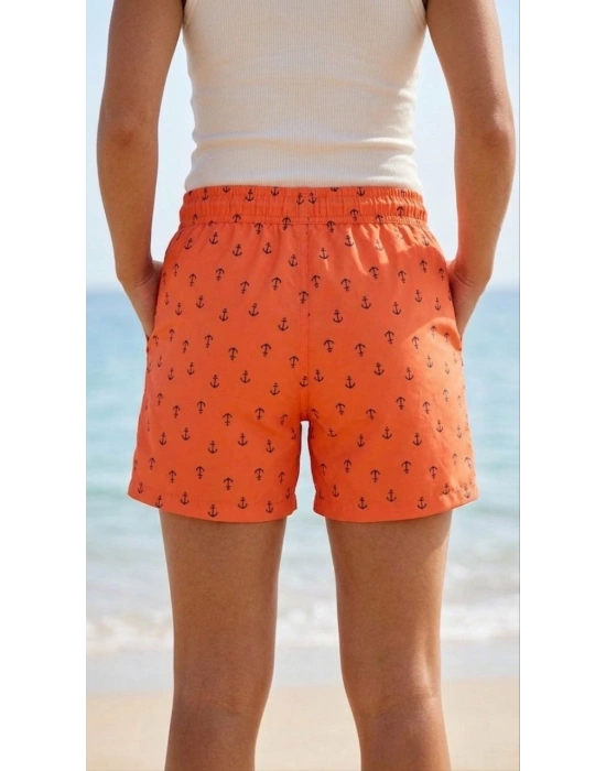 Kadın Deniz Şortu Fermuarlı Cepli File Astarlı Hızlı Kuruyan Premium - Turuncu