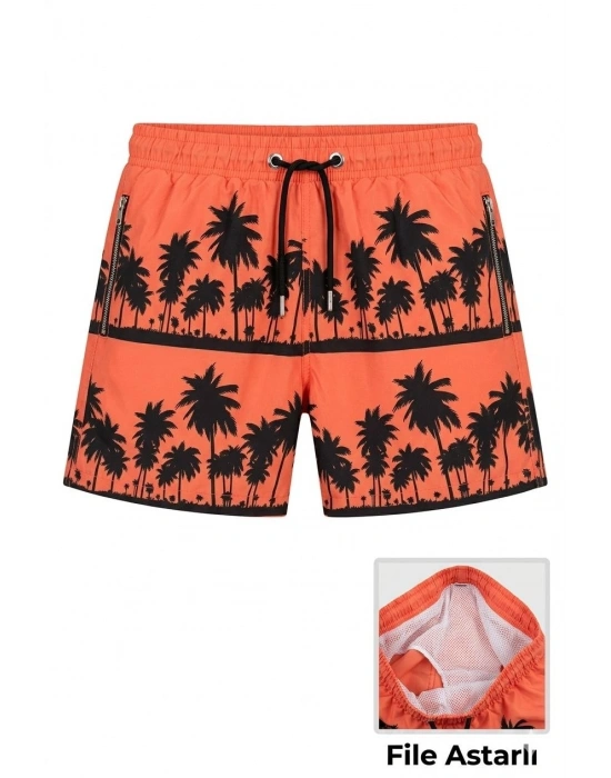 Kadın Deniz Şortu Fermuarlı Cepli File Astarlı Hızlı Kuruyan Premium - Turuncu