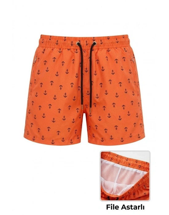 Kadın Deniz Şortu Fermuarlı Cepli File Astarlı Hızlı Kuruyan Premium - Turuncu