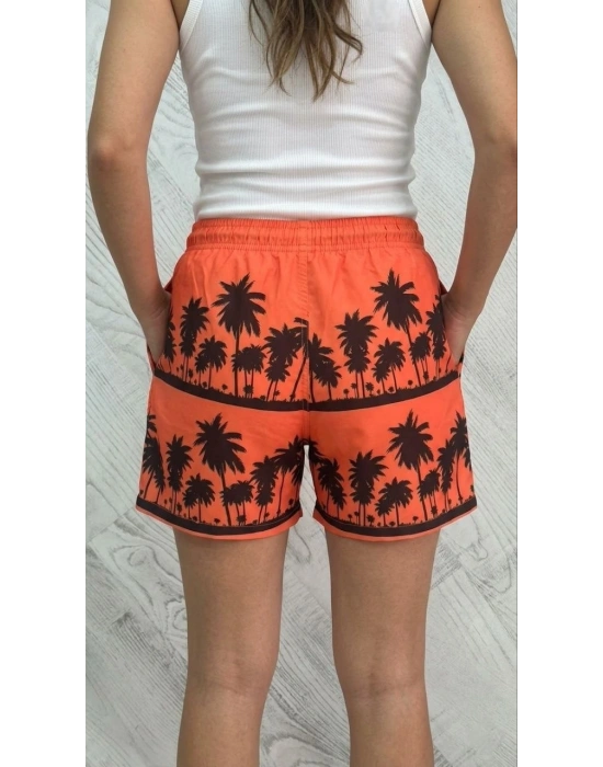 Kadın Deniz Şortu Fermuarlı Cepli File Astarlı Hızlı Kuruyan Premium - Turuncu