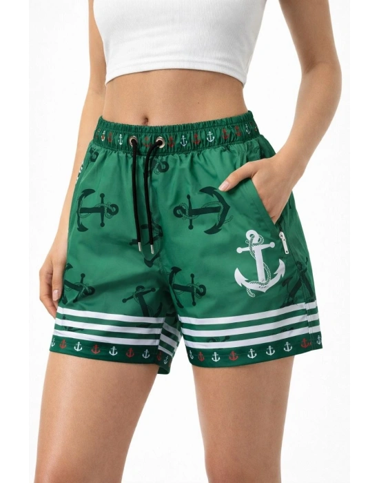 Kadın Deniz Şortu Fermuarlı Cepli File Astarlı Hızlı Kuruyan Premium - Yeşil
