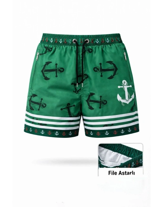 Kadın Deniz Şortu Fermuarlı Cepli File Astarlı Hızlı Kuruyan Premium - Yeşil