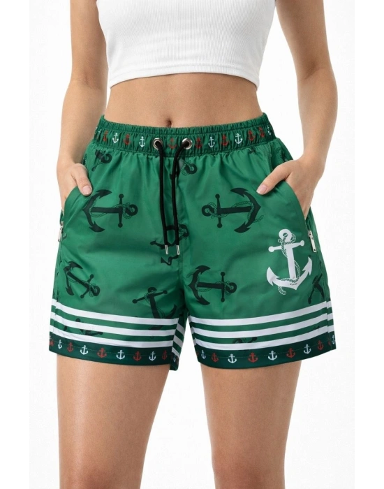 Kadın Deniz Şortu Fermuarlı Cepli File Astarlı Hızlı Kuruyan Premium - Yeşil