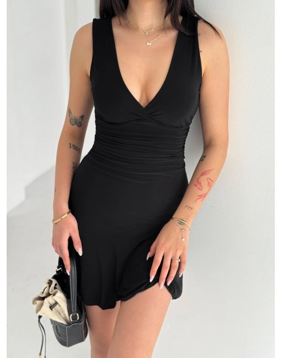 Kadın Derin V Yaka Sırt Dekolteli Mini Elbise Drapeli Şık Kolsuz - Siyah