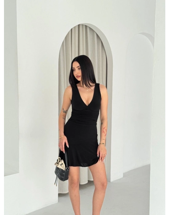 Kadın Derin V Yaka Sırt Dekolteli Mini Elbise Drapeli Şık Kolsuz - Siyah
