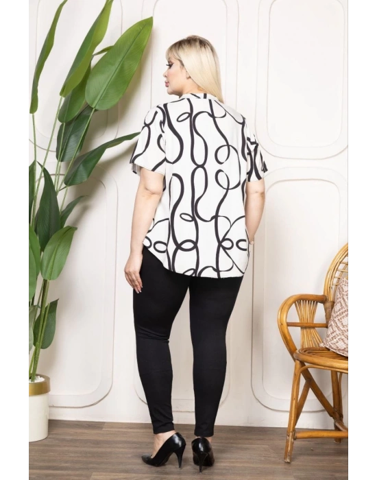 Kadın Desenli Püsküllü Viskon Bluz Bebe Yaka Battal Beden Kısa Kol