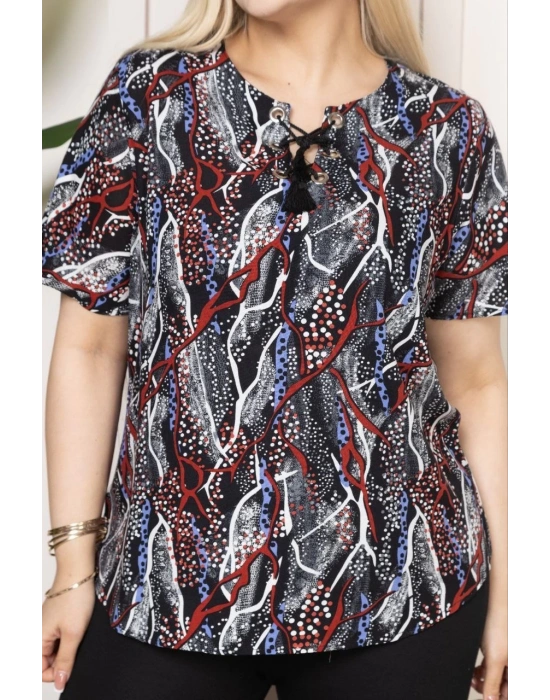 Kadın Desenli Püsküllü Viskon Bluz Bebe Yaka Battal Beden Kısa Kol