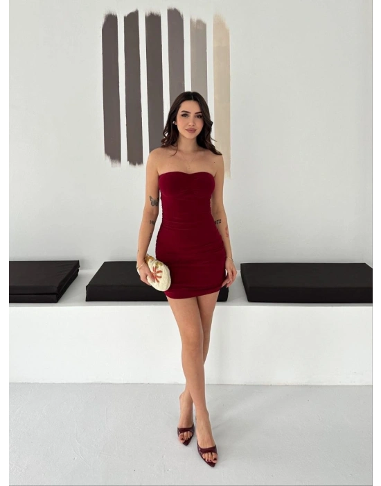 Kadın Drapeli Straplez Mini Elbise Esnek Kumaş Vücuda Oturan Gece Elbisesi - Bordo