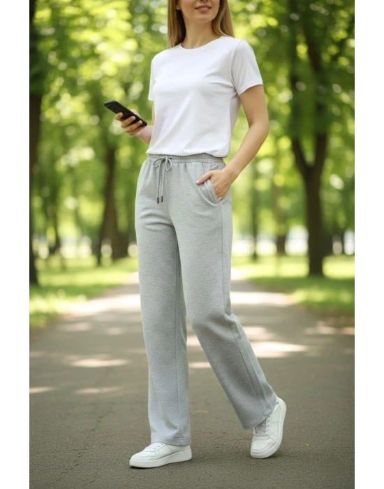 Kadın Düz Paça Beli Lastikli Eşofman Altı Pantolon - Gri