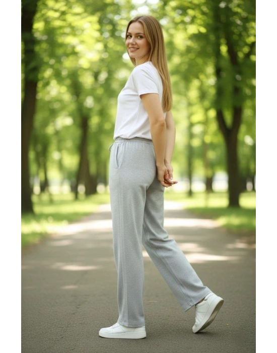 Kadın Düz Paça Beli Lastikli Eşofman Altı Pantolon - Gri
