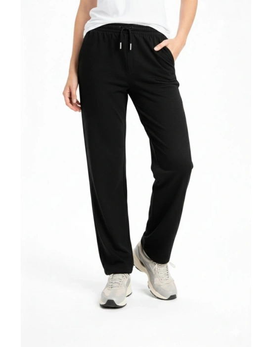 Kadın Düz Paça Beli Lastikli Eşofman Altı Pantolon - Siyah