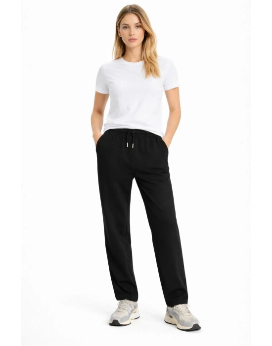 Kadın Düz Paça Beli Lastikli Eşofman Altı Pantolon - Siyah