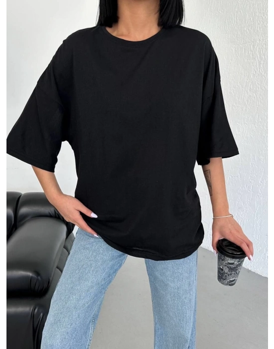 Kadın Düz T-Shirt Kısa Kol Bisiklet Yaka Oversize Tişört - Siyah