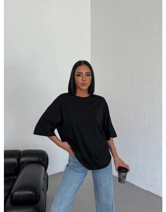 Kadın Düz T-Shirt Kısa Kol Bisiklet Yaka Oversize Tişört - Siyah