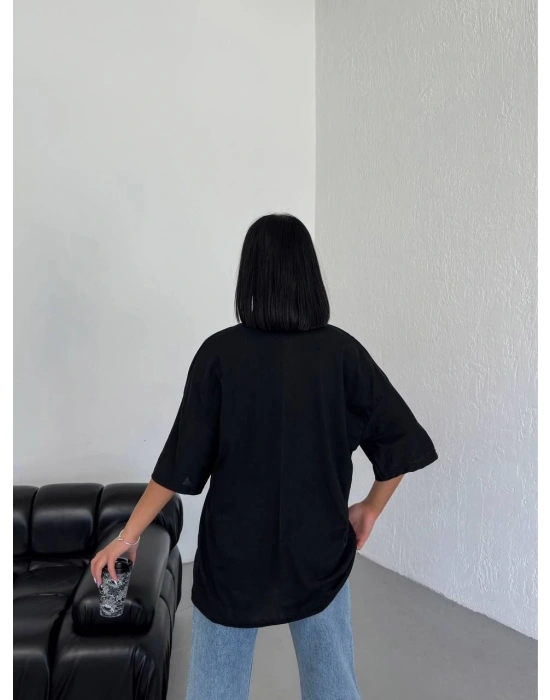 Kadın Düz T-Shirt Kısa Kol Bisiklet Yaka Oversize Tişört - Siyah
