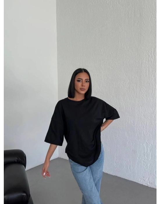 Kadın Düz T-Shirt Kısa Kol Bisiklet Yaka Oversize Tişört - Siyah
