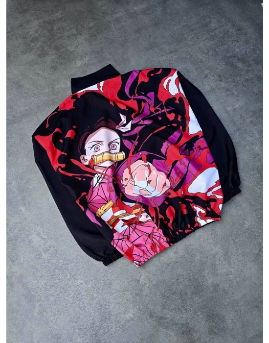 Kadın Fermuarlı Dijital Baskılı Rüzgarlık - Siyah