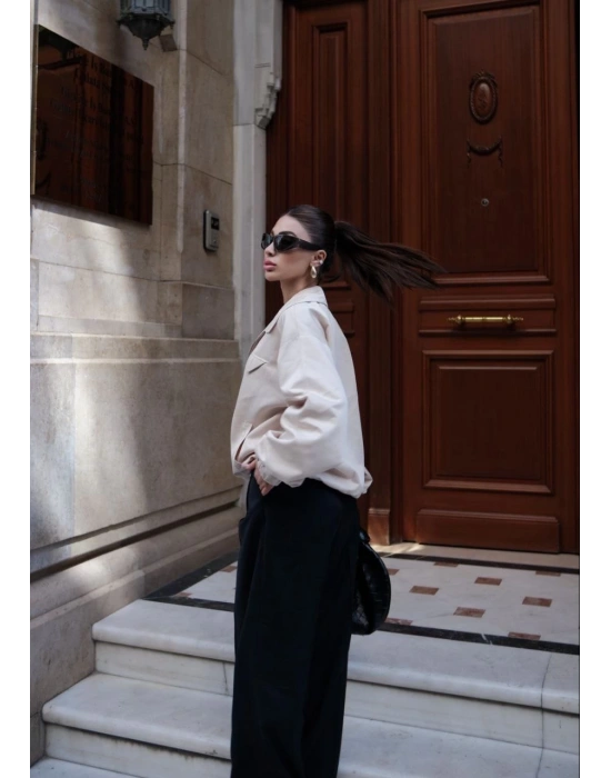 Kadın Fermuarlı Gömlek Yaka Bomber Ceket - Beyaz