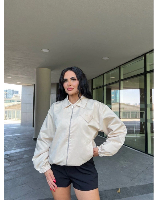 Kadın Fermuarlı Gömlek Yaka Bomber Ceket - Beyaz