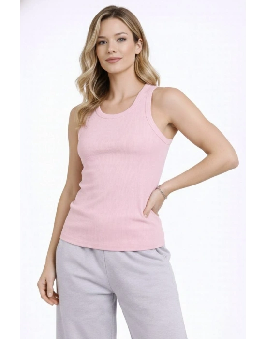 Kadın Fitilli Atlet Sıfır Yaka Slim Fit Arka Baskılı Spor Atlet - Pembe