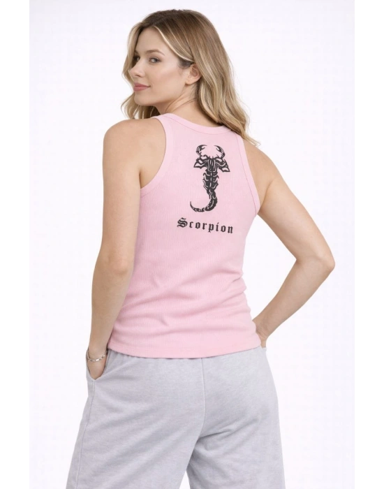 Kadın Fitilli Atlet Sıfır Yaka Slim Fit Arka Baskılı Spor Atlet - Pembe