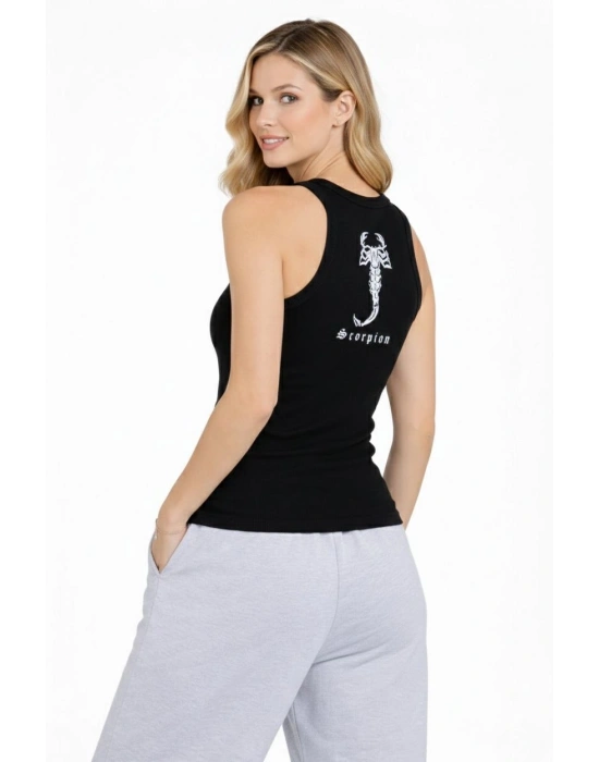 Kadın Fitilli Atlet Sıfır Yaka Slim Fit Arka Baskılı Spor Atlet - Siyah