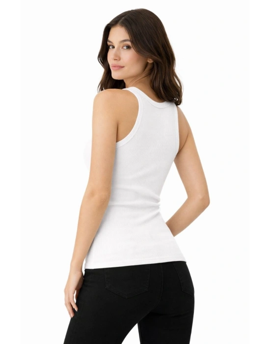 Kadın Fitilli Likralı Kaşkorse Atlet Vücuda Oturan Basic Şıklık - Beyaz