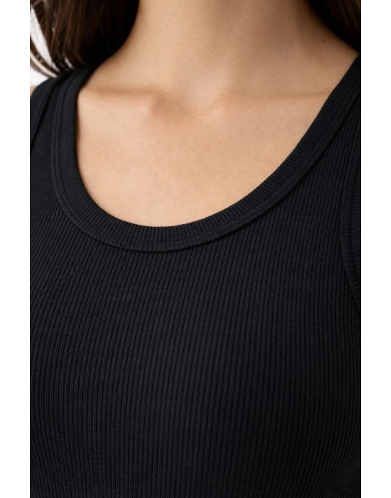 Kadın Fitilli Likralı Kaşkorse Atlet Vücuda Oturan Basic Şıklık - Siyah