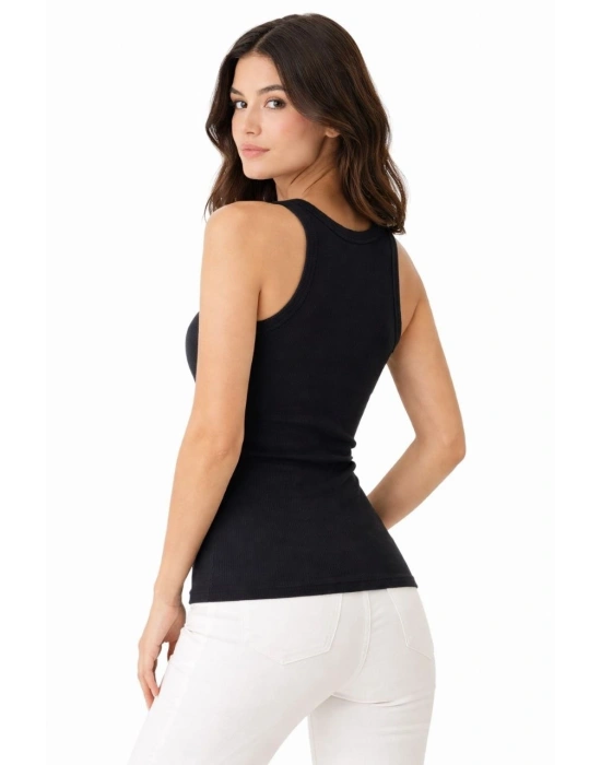 Kadın Fitilli Likralı Kaşkorse Atlet Vücuda Oturan Basic Şıklık - Siyah