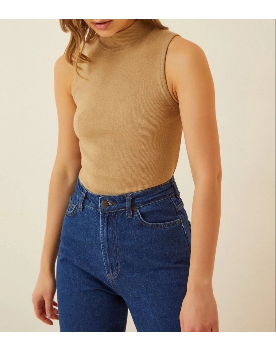 Kadın Full Likralı Fitilli Kaşkorse Body - Camel