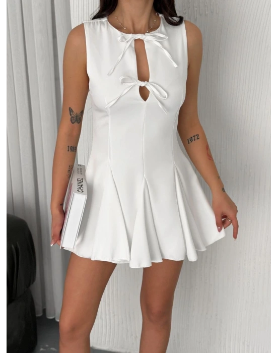 Kadın Göğüs Bağlamalı Kolsuz Mini Boy Elbise - Beyaz