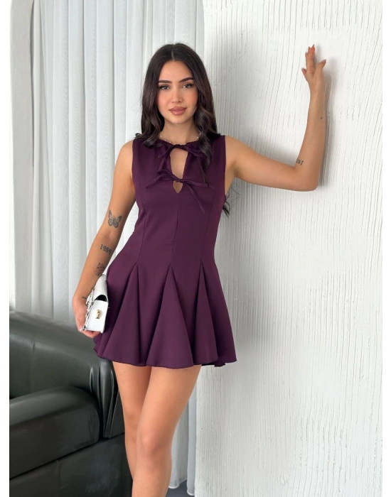 Kadın Göğüs Bağlamalı Kolsuz Mini Boy Elbise - Gül Kurusu