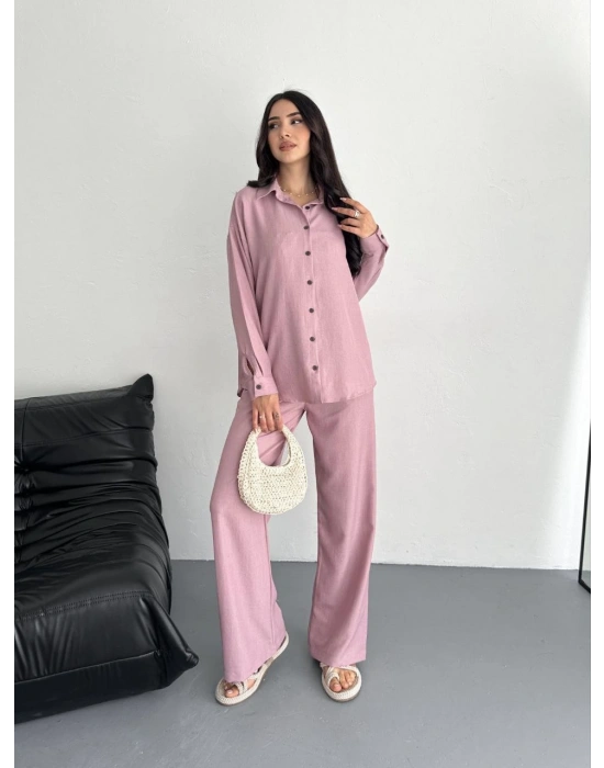 Kadın Gömlek Pantolon ikili Alt-Üst Takım - Toz Pembe