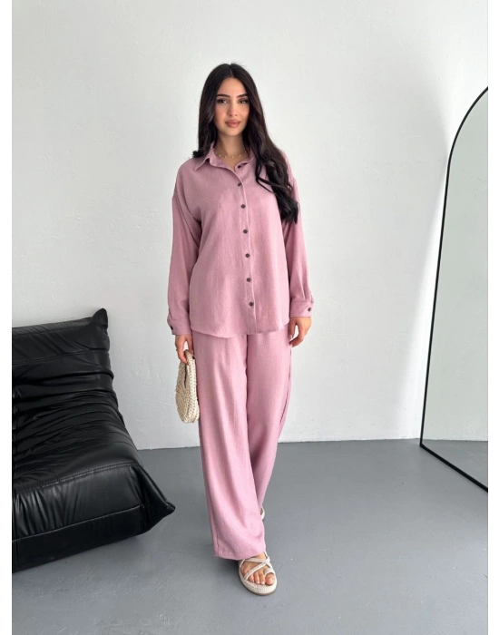 Kadın Gömlek Pantolon ikili Alt-Üst Takım - Toz Pembe