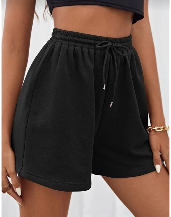 Kadın İki İplik Düz Oversize Şort - Siyah