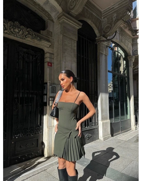 Kadın İki Parçalı Pileli Askılı Kadın Mini Elbise - Haki