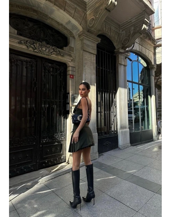 Kadın İki Parçalı Pileli Askılı Kadın Mini Elbise - Haki