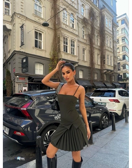 Kadın İki Parçalı Pileli Askılı Kadın Mini Elbise - Haki