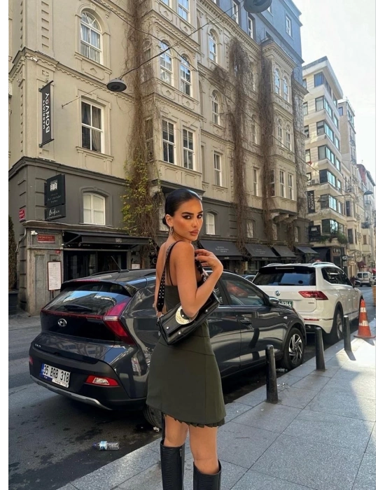 Kadın İki Parçalı Pileli Askılı Kadın Mini Elbise - Haki