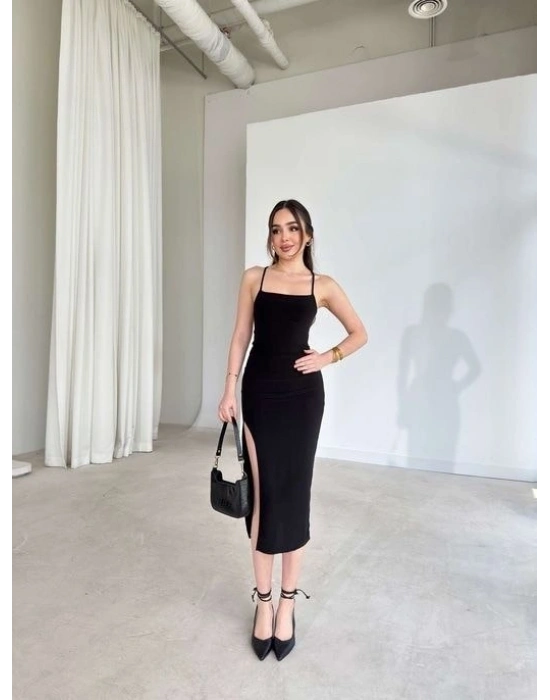 Kadın İp Askılı Sırt Dekolteli Bağlama Detaylı Yırtmaçlı Midi Elbise - Siyah