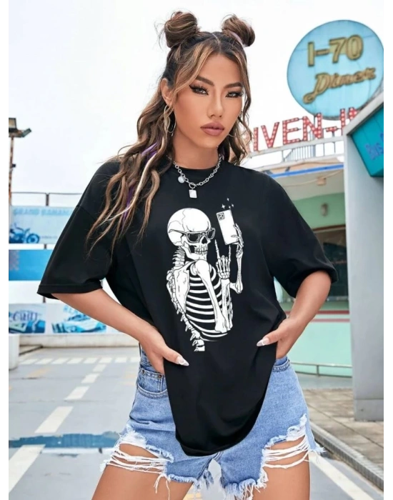 Kadın iskelet Baskılı T-Shirt Kısa Kol Bisiklet Yaka Oversize Tişört - Siyah