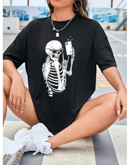 Kadın iskelet Baskılı T-Shirt Kısa Kol Bisiklet Yaka Oversize Tişört - Siyah