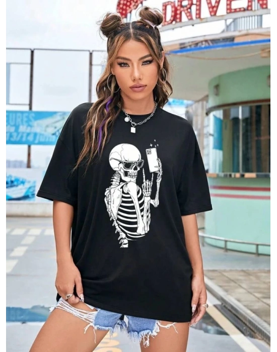 Kadın iskelet Baskılı T-Shirt Kısa Kol Bisiklet Yaka Oversize Tişört - Siyah