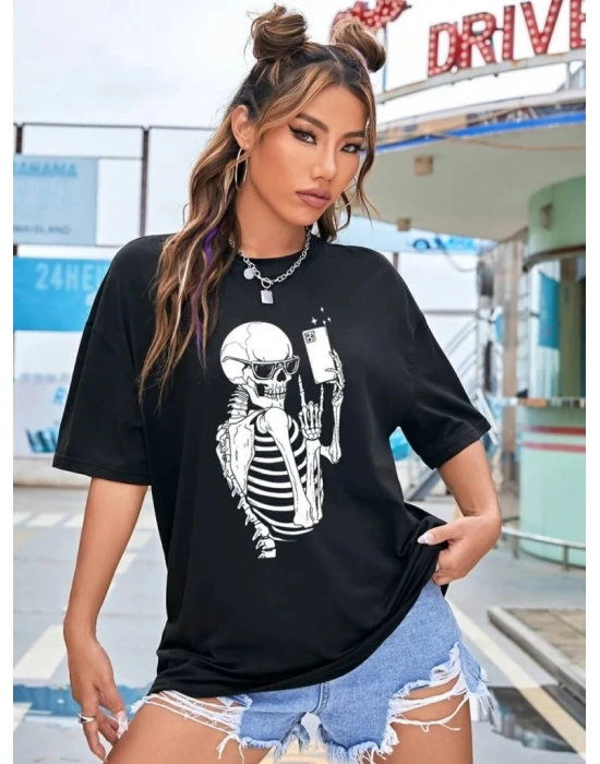 Kadın iskelet Baskılı T-Shirt Kısa Kol Bisiklet Yaka Oversize Tişört - Siyah
