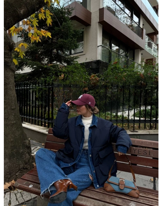 Kadın Jeans Detaylı Cıtcıtlı Ceket Mont - Lacivert