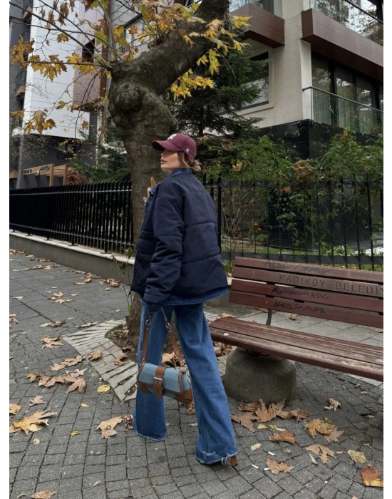 Kadın Jeans Detaylı Cıtcıtlı Ceket Mont - Lacivert