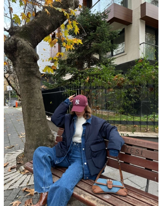 Kadın Jeans Detaylı Cıtcıtlı Ceket Mont - Lacivert