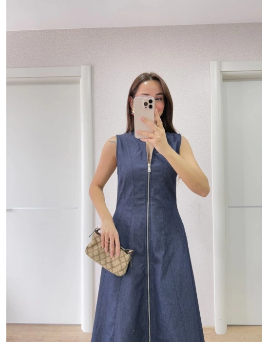 Kadın Jeans Kot Önü Tam Fermuarlı  Uzun Elbise - Mavi