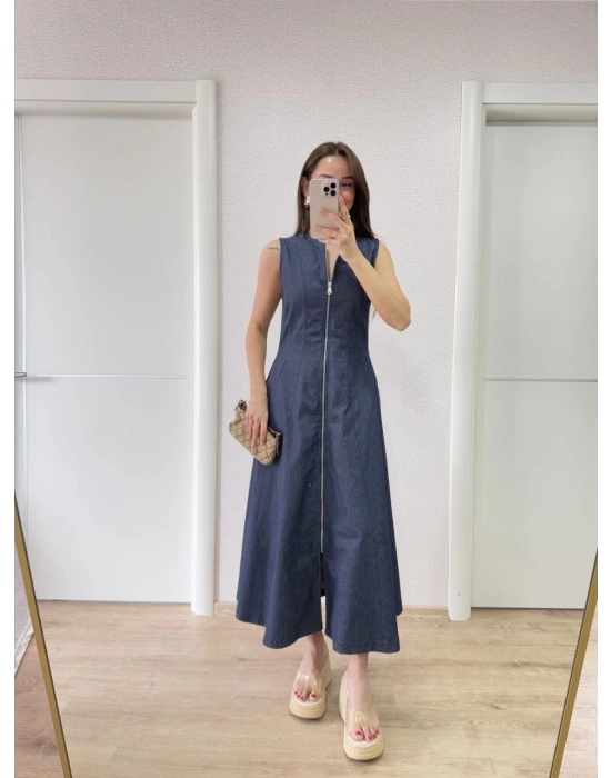 Kadın Jeans Kot Önü Tam Fermuarlı  Uzun Elbise - Mavi